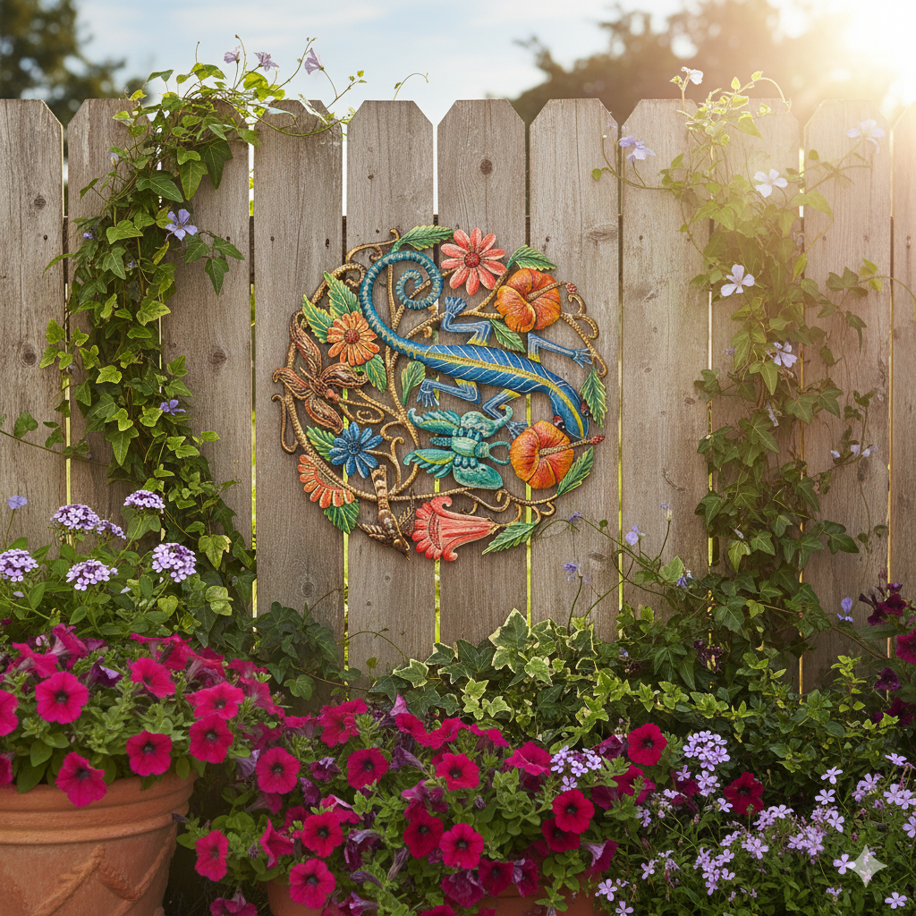 Colorful Lizard and Flowers Metal Wall Art – Handmade by Haitian Artisans