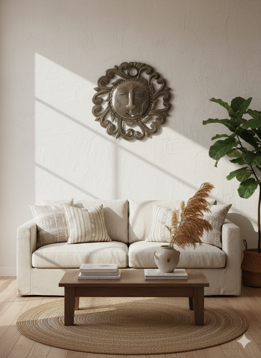 Haitian Metal Sun Face – Handcrafted Artisan Wall Sculpture.