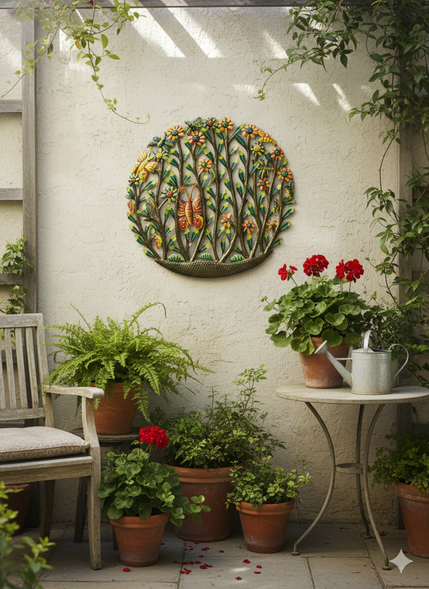 Colorful Floral & Butterfly Metal Wall Hanging – Handmade Haitian Art.