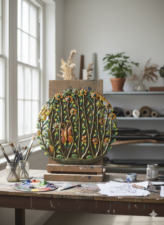 Colorful Floral & Butterfly Metal Wall Hanging – Handmade Haitian Art.