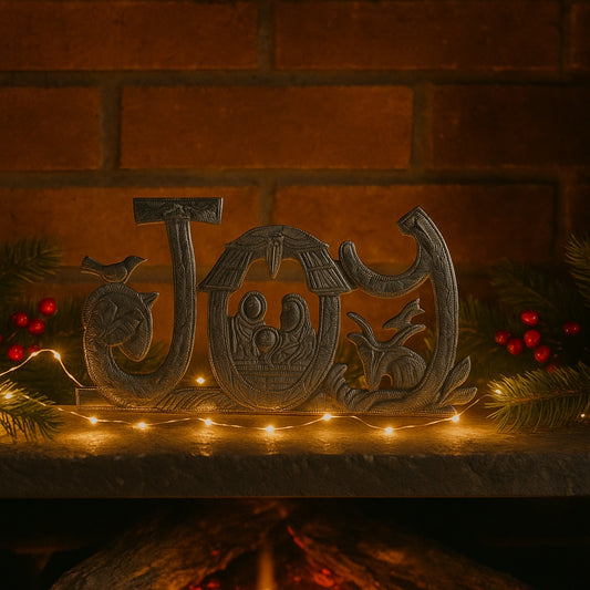 Handmade Metal Nativity “JOY” Wall Art – Haitian Artisan Christmas Decor.