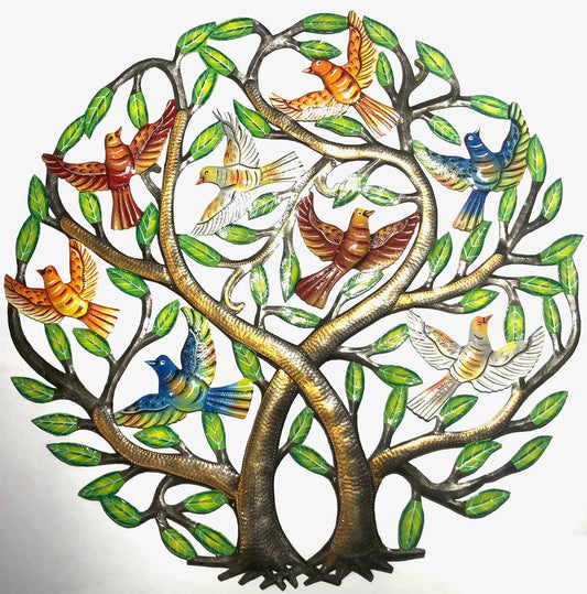 New Painted Flock in the Tree Metal Wall Art. Handmade in Haiti. Recycled Metal Gifts. Home, Patio, and Garden Decor. Outdoor/Indoor.