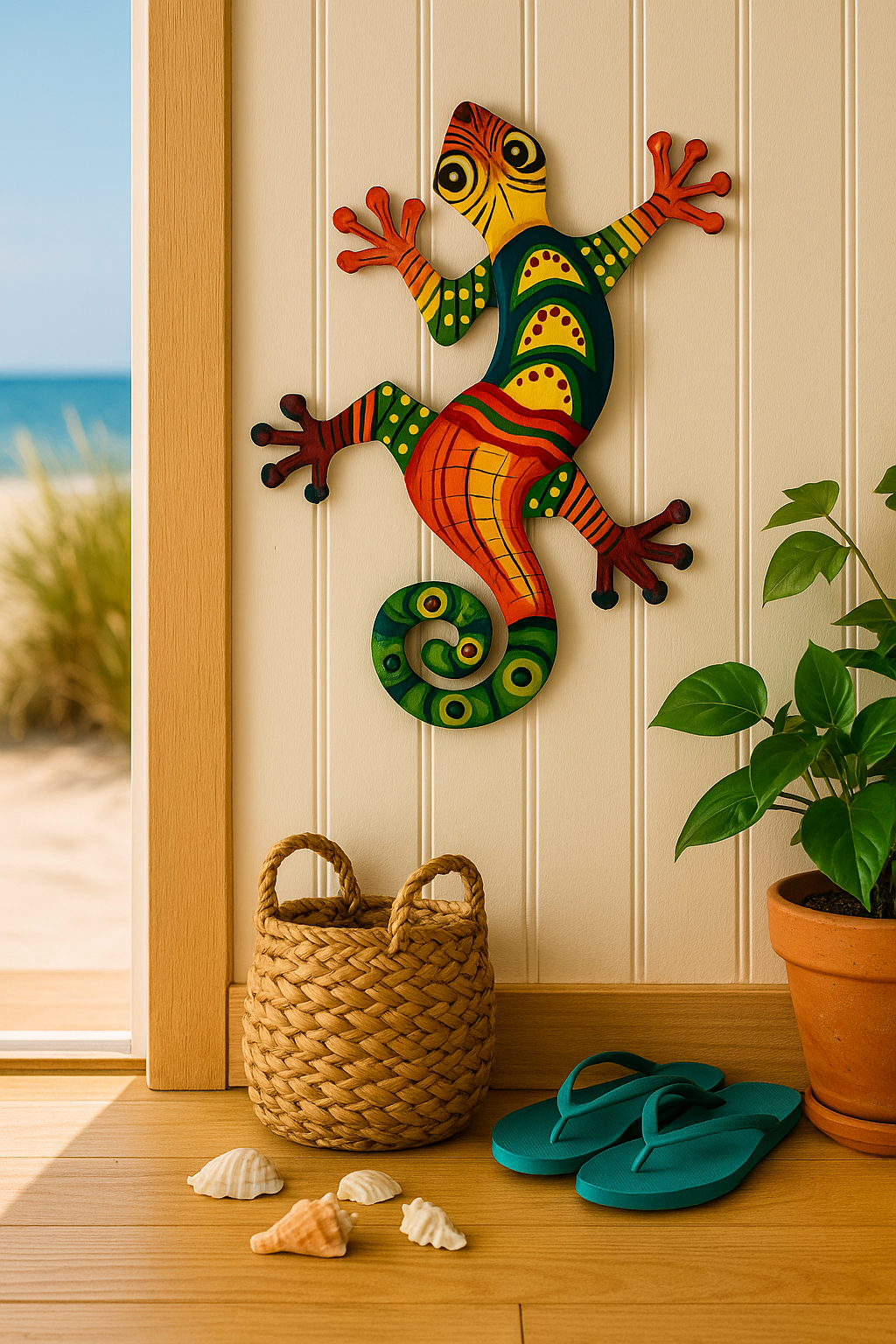 Caribbean Gecko Metal Wall Art – Colorful Handmade Haitian Design.