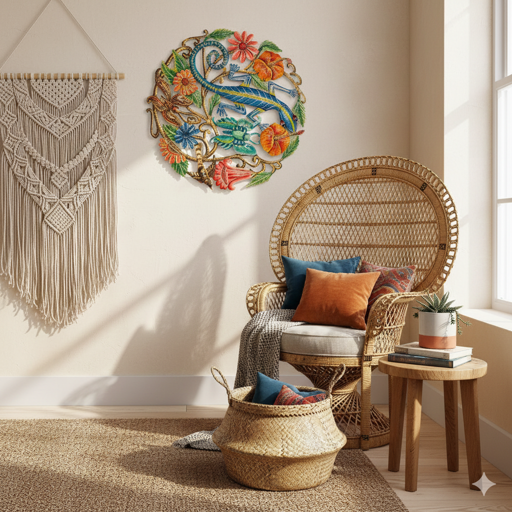 Colorful Lizard and Flowers Metal Wall Art – Handmade by Haitian Artisans