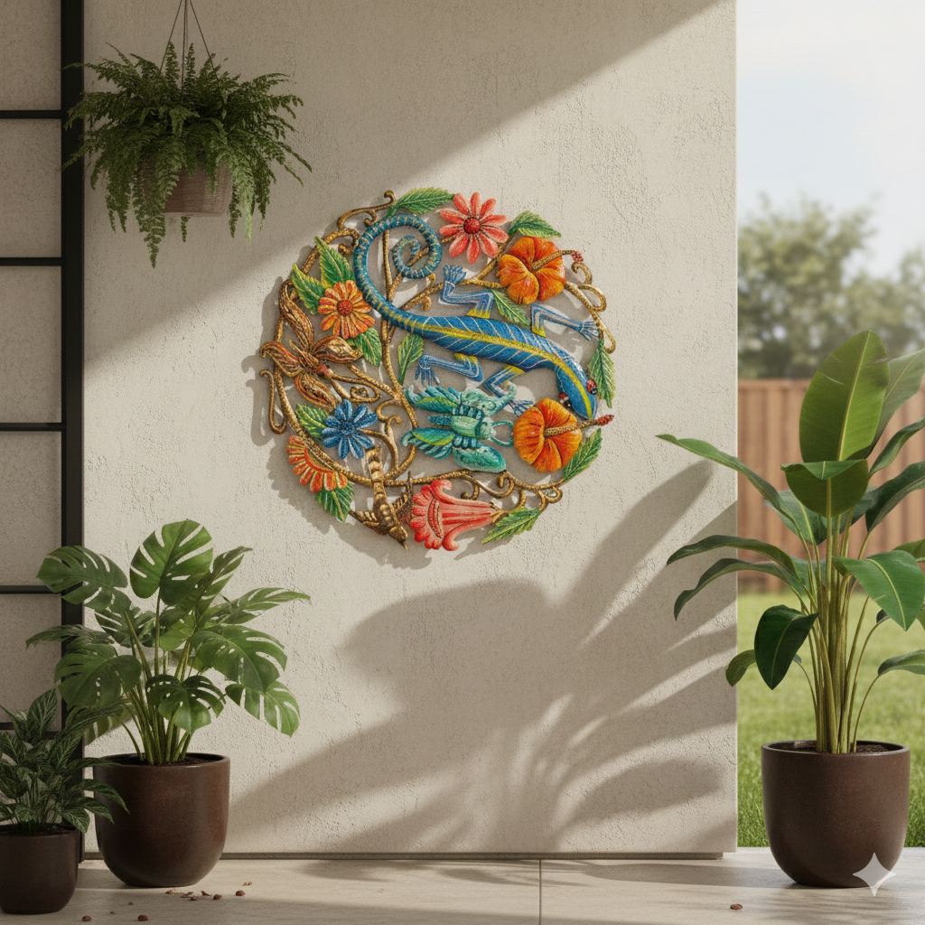 Colorful Lizard and Flowers Metal Wall Art – Handmade by Haitian Artisans