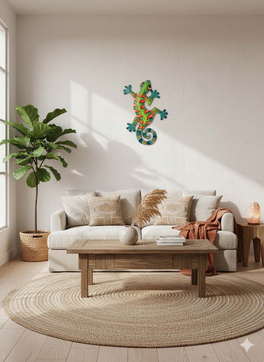 Tropical Gecko Metal Art – Handcrafted Haitian Wall Décor.