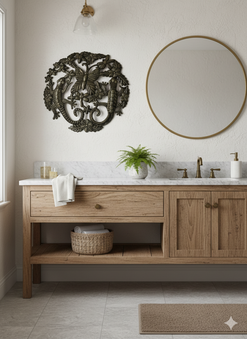 Haitian Metal Wall Sculpture – Nature-Inspired Gecko and Butterfly Design.