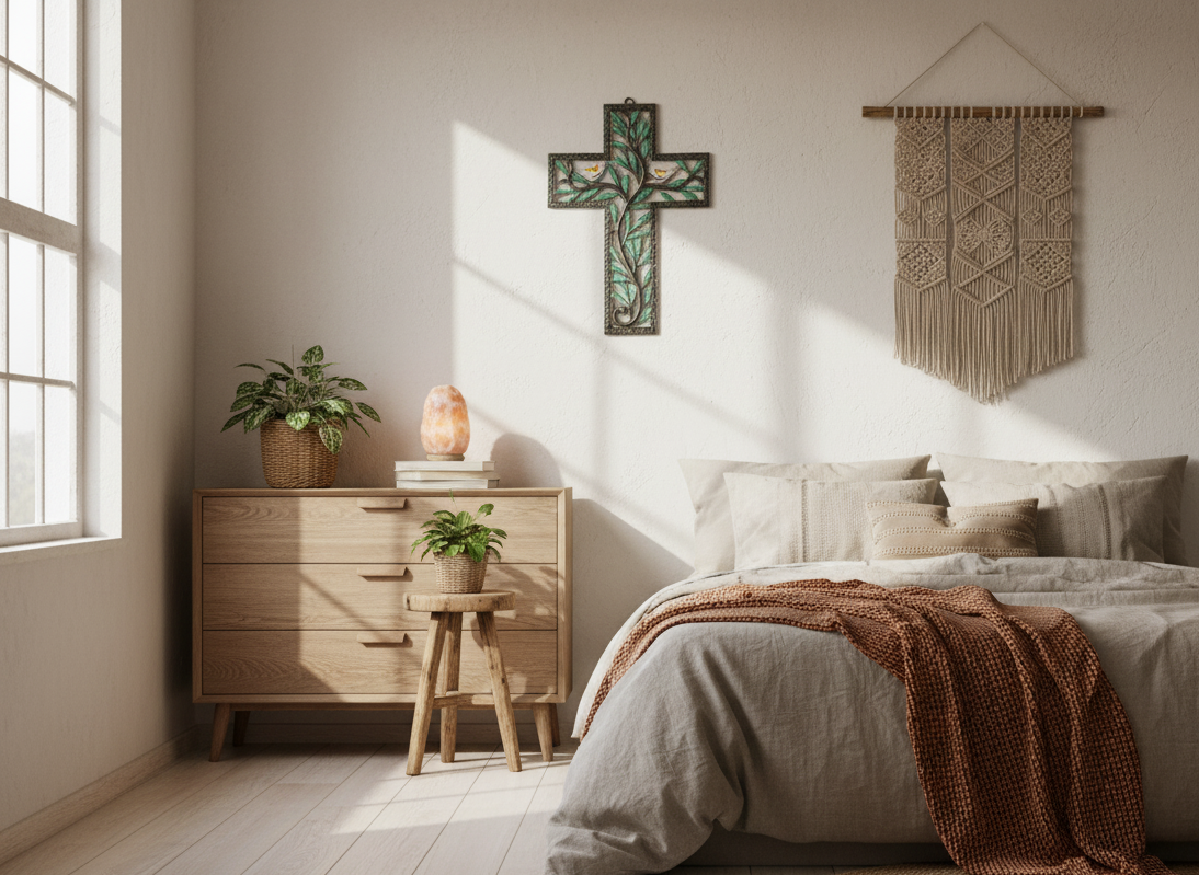 Handmade Haitian Metal Cross with Birds and Vines – Faith Wall Art.