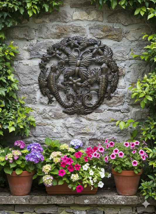 Haitian Metal Wall Sculpture – Nature-Inspired Gecko and Butterfly Design.