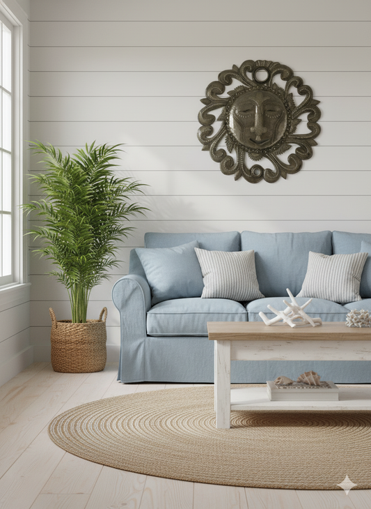 Haitian Metal Sun Face – Handcrafted Artisan Wall Sculpture.