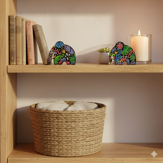 Hand-Painted Small Elephant Decor – Colorful Haitian Artisan Art (Set of 2)