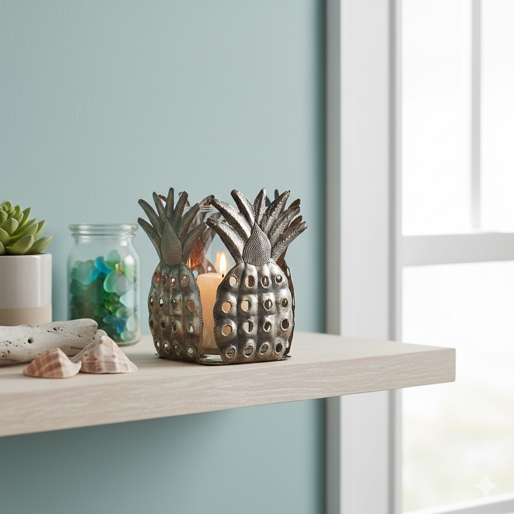 Handcrafted Pineapple Metal Candle Holder with Glass Hurricane – Haitian Artisan Decor