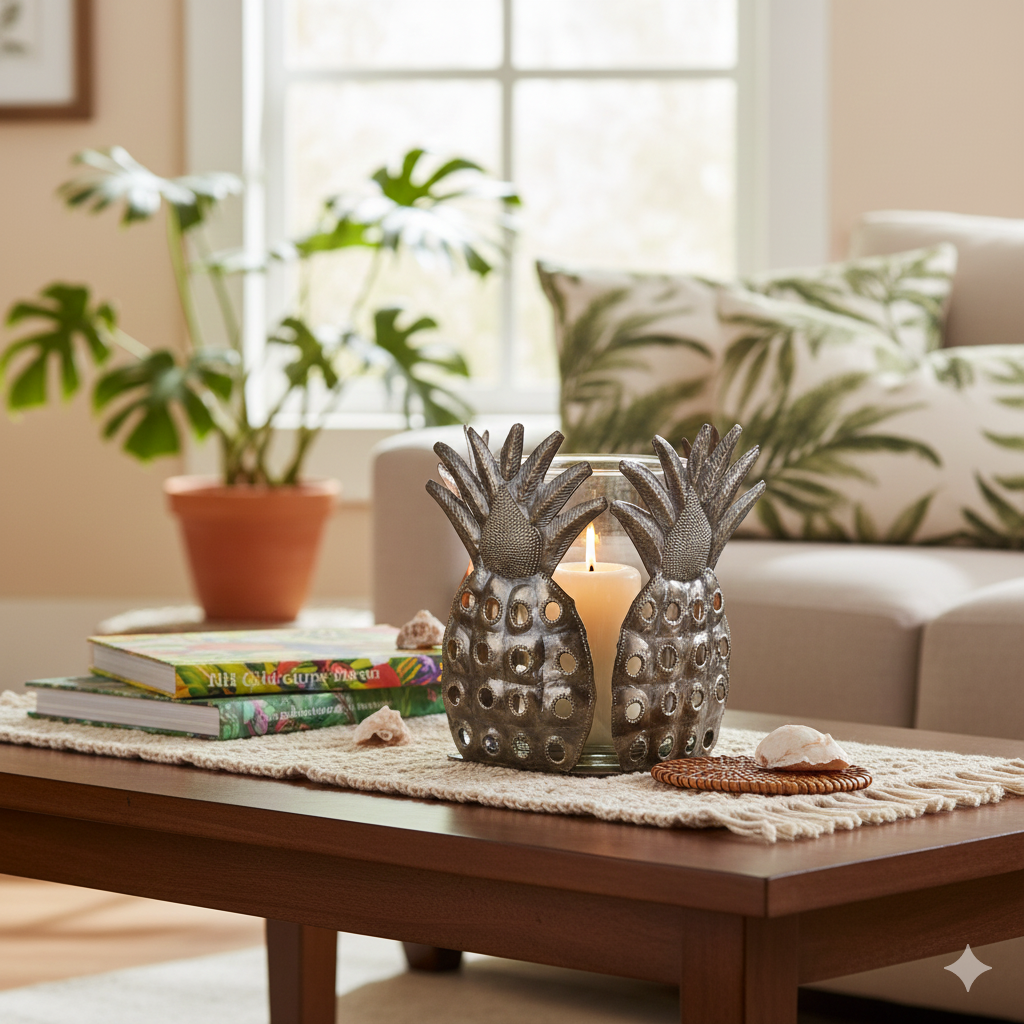 Handcrafted Pineapple Metal Candle Holder with Glass Hurricane – Haitian Artisan Decor