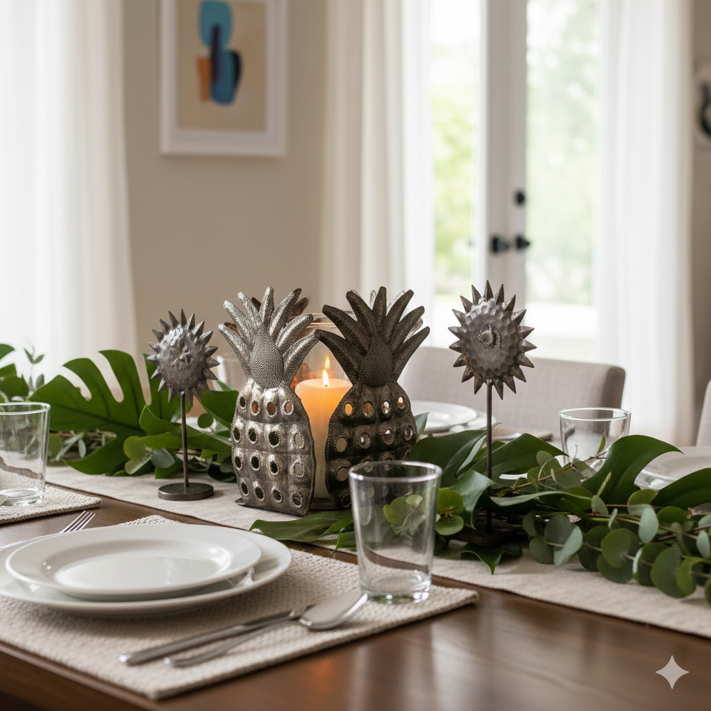 Handcrafted Pineapple Metal Candle Holder with Glass Hurricane – Haitian Artisan Decor