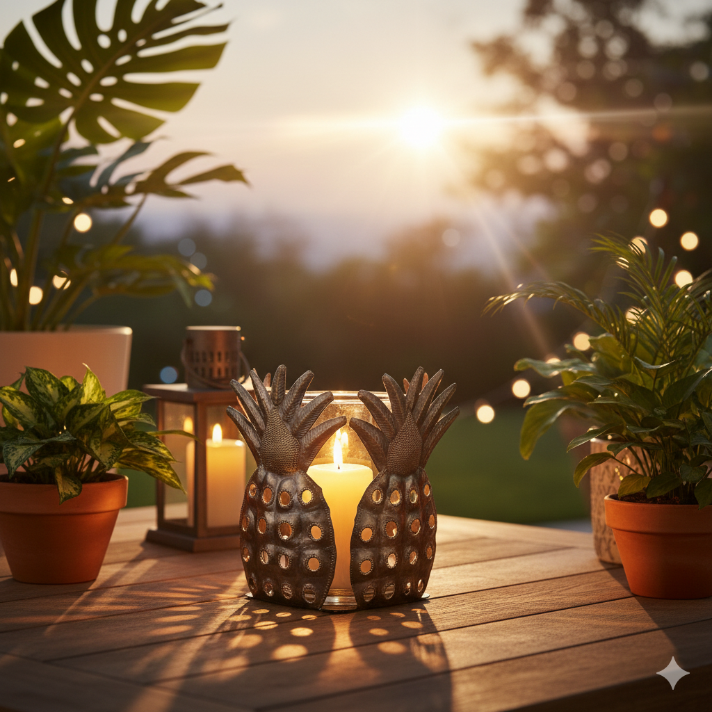 Handcrafted Pineapple Metal Candle Holder with Glass Hurricane – Haitian Artisan Decor