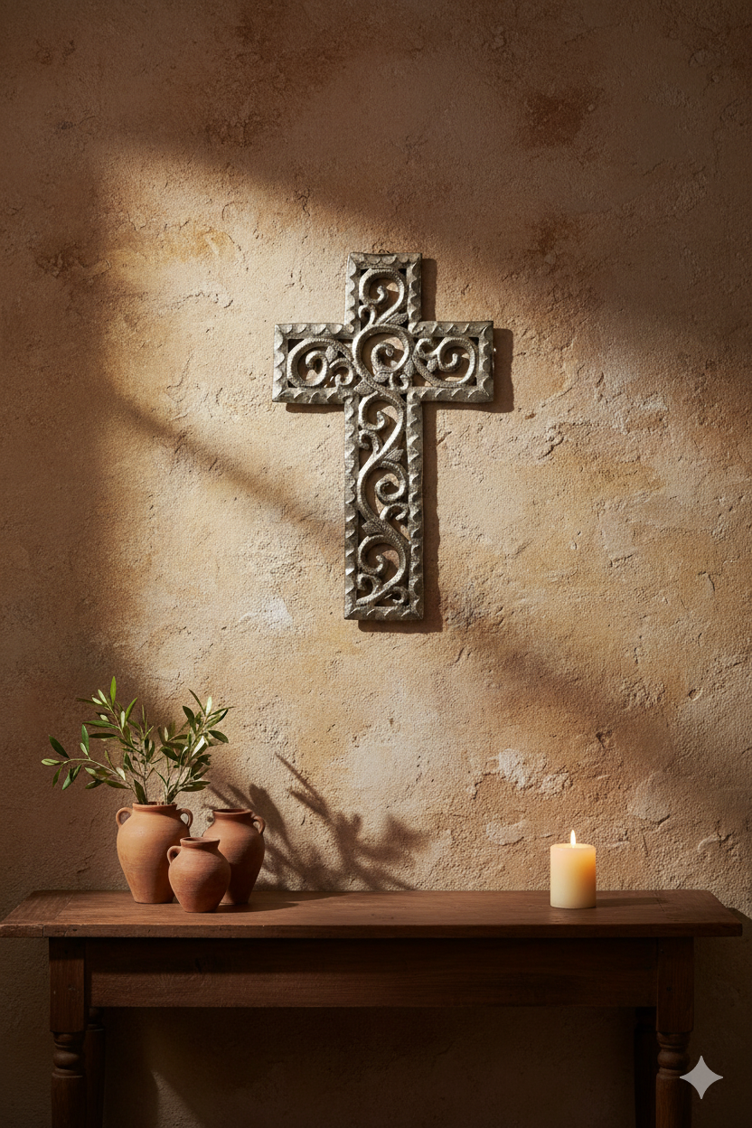 Handcrafted Metal Saxon Cross Wall Art – Haitian Artisan Decor.
