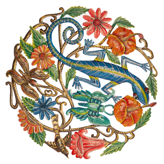 Colorful Lizard and Flowers Metal Wall Art – Handmade by Haitian Artisans