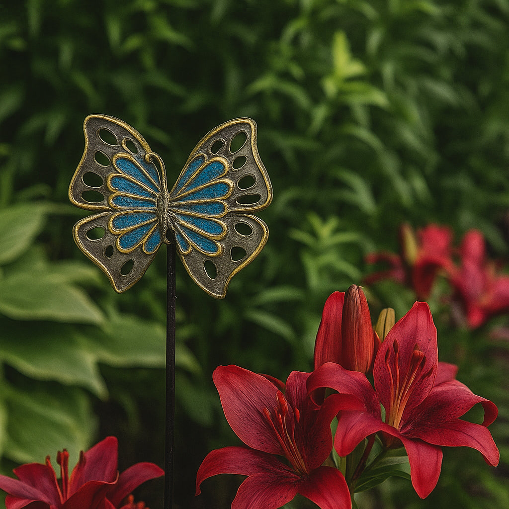 Handmade Blue Butterfly Garden Stake – Haitian Metal Art Decor.