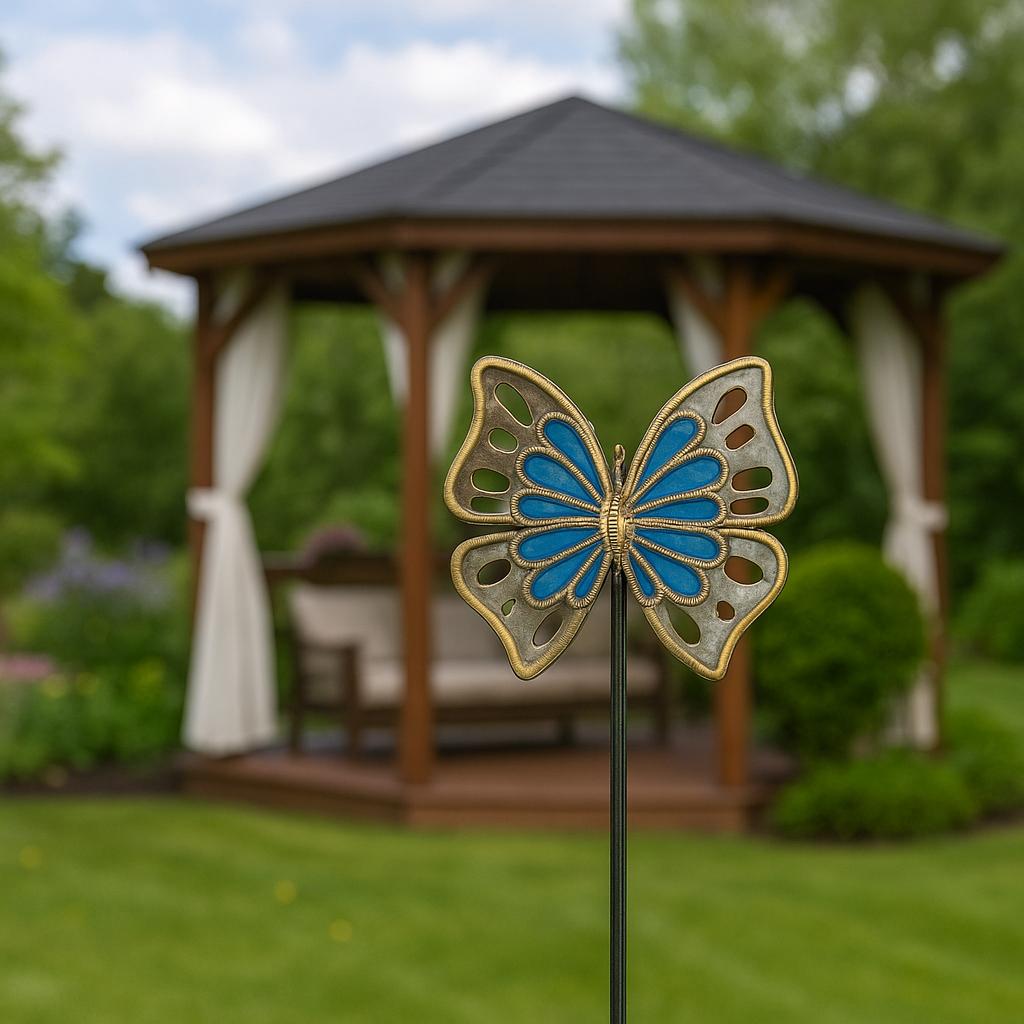 Handmade Blue Butterfly Garden Stake – Haitian Metal Art Decor.