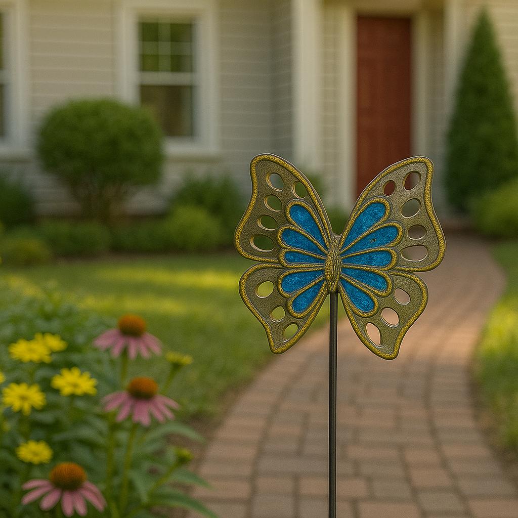 Handmade Blue Butterfly Garden Stake – Haitian Metal Art Decor.