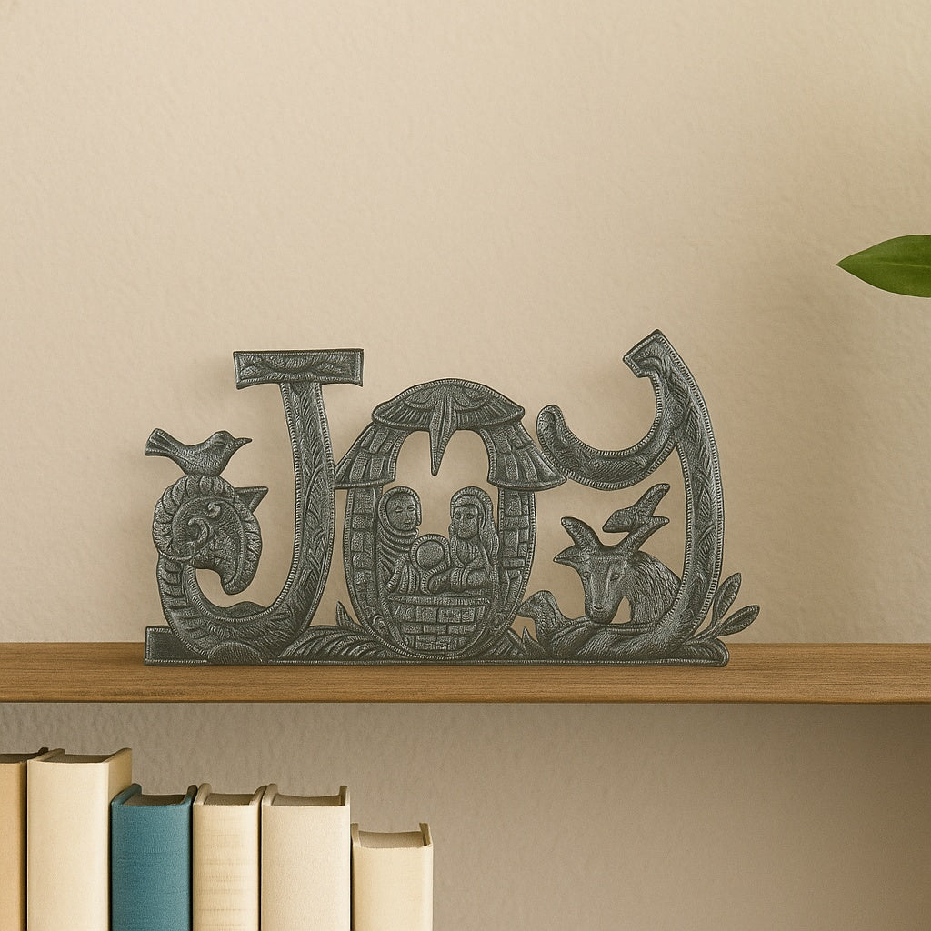 Handmade Metal Nativity “JOY” Wall Art – Haitian Artisan Christmas Decor.