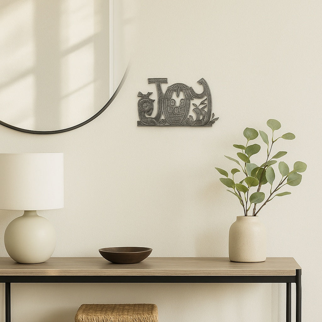 Handmade Metal Nativity “JOY” Wall Art – Haitian Artisan Christmas Decor.