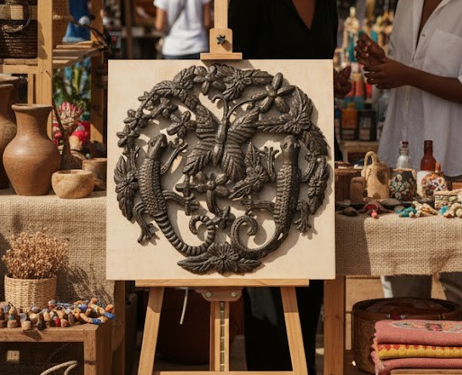 Haitian Metal Wall Sculpture – Nature-Inspired Gecko and Butterfly Design.