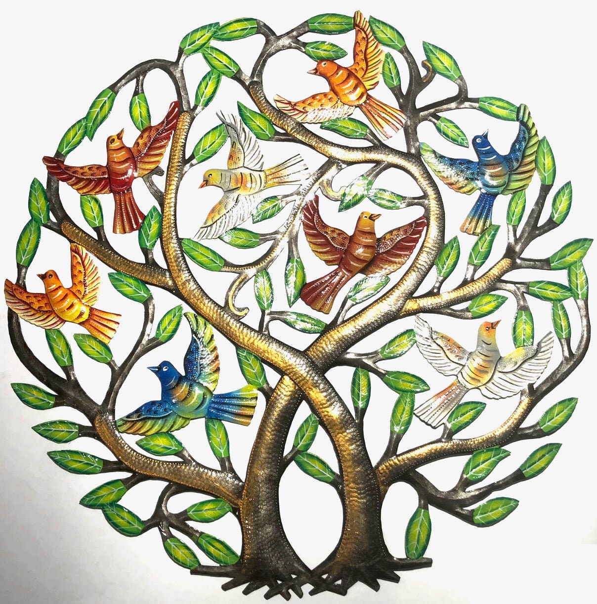 New Painted Flock in the Tree Metal Wall Art. Handmade in Haiti. Recycled Metal Gifts. Home, Patio, and Garden Decor. Outdoor/Indoor.