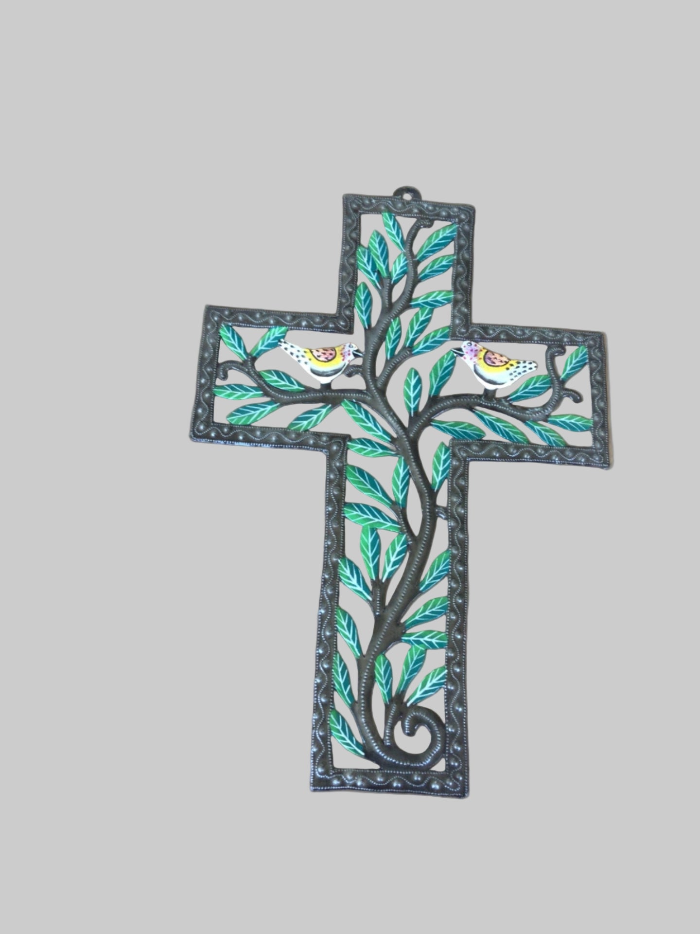 Handmade Haitian Metal Cross with Birds and Vines – Faith Wall Art.