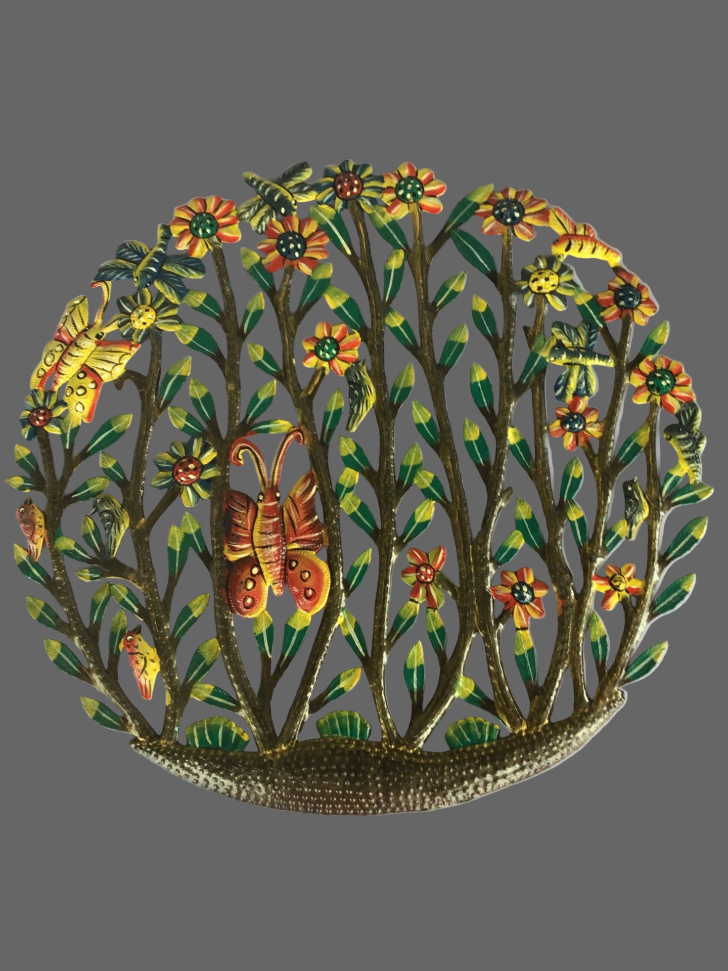 Colorful Floral & Butterfly Metal Wall Hanging – Handmade Haitian Art.